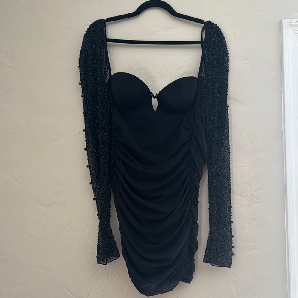 Elegant Black Ruched Dress with Beaded Sleeves